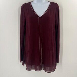 WHBM S Burgundy Red V-Neck Tunic Top Mesh Hem Long Sleeve Metallic Detail‎